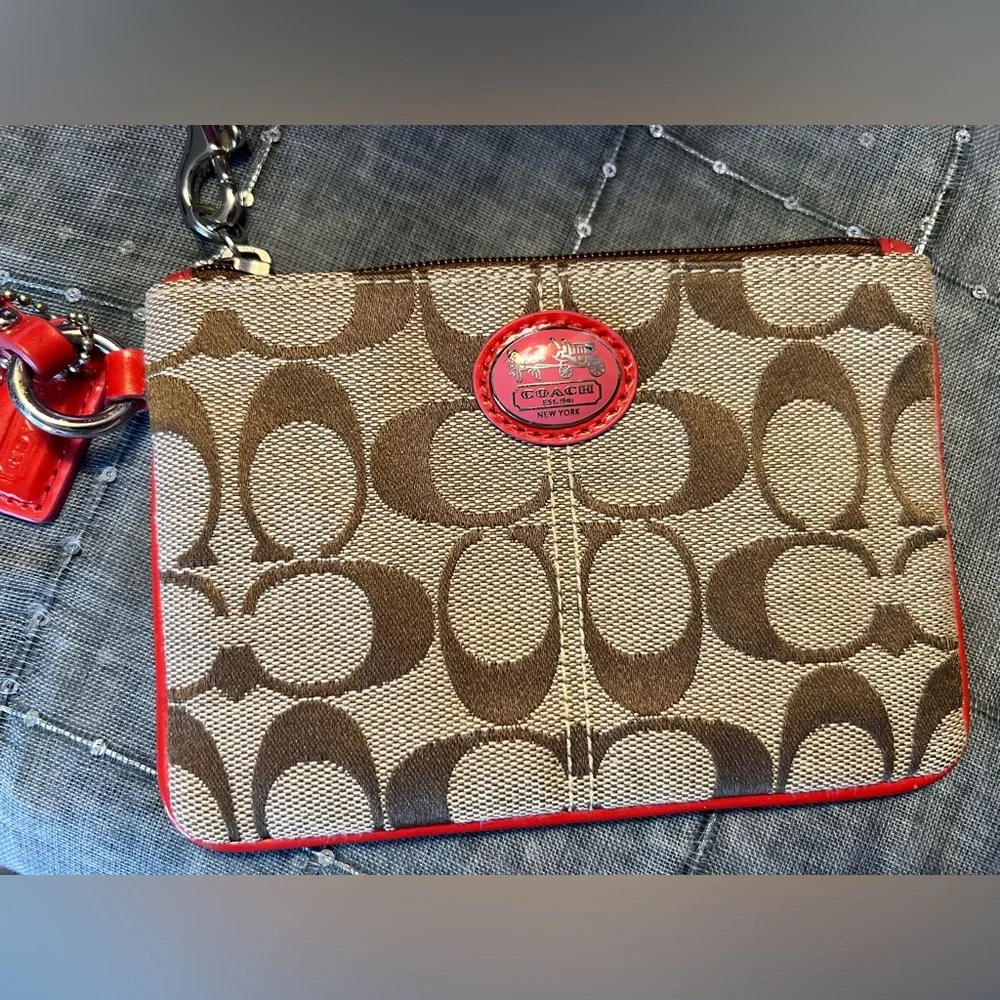 Coach Brown and Coral Wristlet with Signature C Monogram